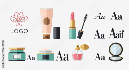 Cosmetics Flat Design Icons: Logo, Cream, Lipstick, Mascara, Perfume, Powder