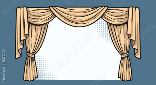 Elegant beige stage curtains with valance and decorative drapes isolated on blue background with halftone pattern.