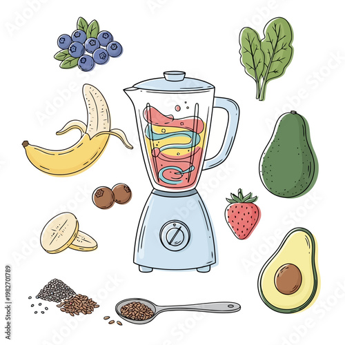 Nutritious smoothie ingredients and kitchen blender featuring avocado banana blueberries and seeds for healthy beverage making in minimal hand drawn vector clip art set.