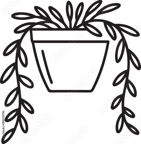 Vector isolated one single hanging flowerpot with hanging leaves lianas. one line icon drawing vector