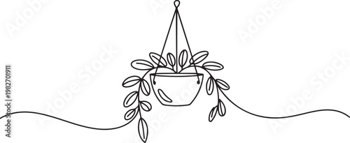 Vector isolated one single hanging flowerpot with hanging leaves lianas. one line icon drawing vector