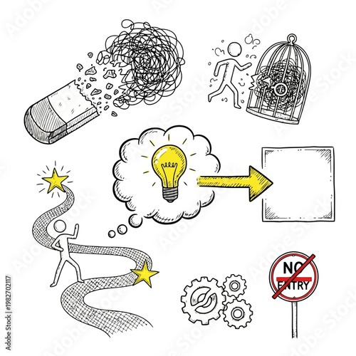 Metaphorical illustration of overcoming obstacles and mental blocks featuring eraser clearing confusion cage breaking open light bulb idea and clear path to goal line.