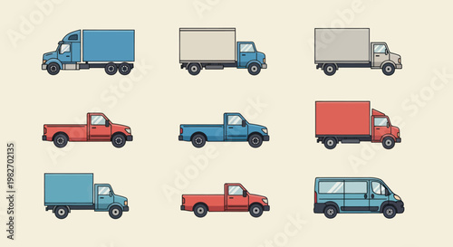 Collection of Pixel Art Trucks and Vans in Various Colors and Styles