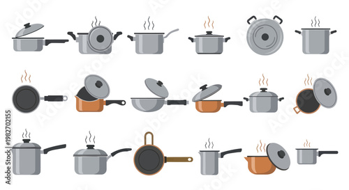 Collection of Various Cooking Pots and Pans with Steam - Flat Design