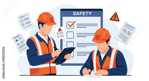 Construction Safety Checklist. Workers Reviewing Safety Plan. Workplace Safety Concept.