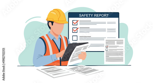 Construction Worker Inspecting Safety Report. Worker Safety. Professional. Illustration.