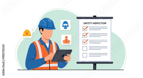 Safety Inspection Checklist. Inspector with Tablet. Workplace Safety Concept.