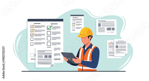 Construction Worker Inspecting Checklist on Tablet, Safety Helmet, Vest
