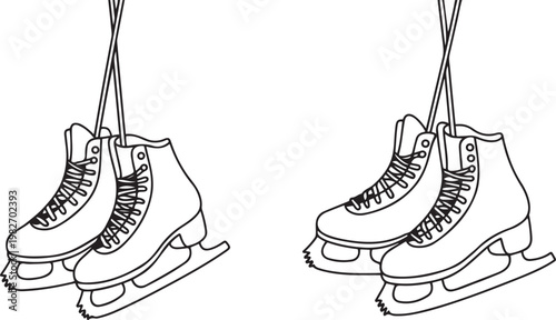Vector isolated two pair couple hanging ice skates for figure skating. one line icon drawing vector