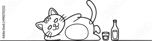 cute cartoon funny lying on back drunk cat with bottle and glass. one line icon drawing vector