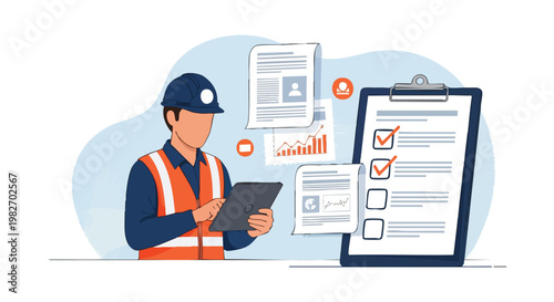 Schilderij op canvas Construction Worker with Tablet and Checklist