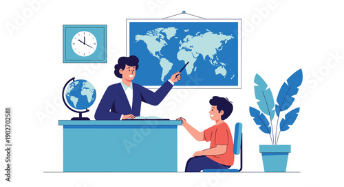 Female teacher points to a world map while explaining geography to a young student sitting at a desk in a blue classroom setting.