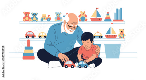 Happy grandfather sits on the floor playing with toy cars alongside his young grandson in a room filled with colorful children toys.