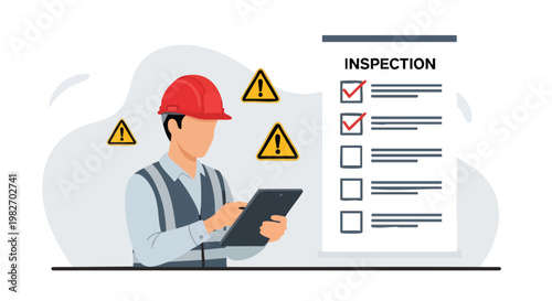 Construction worker inspects checklist, safety warnings.