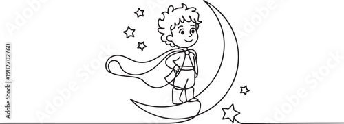 cute cartoon little prince fairy tale boy character standing on a moon. one line icon drawing vector
