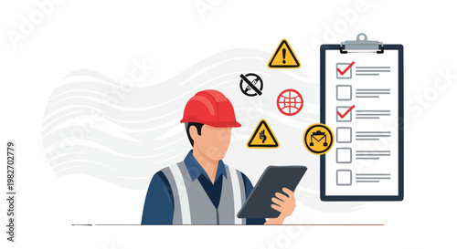 Construction Worker with Tablet and Checklist, Safety Icons