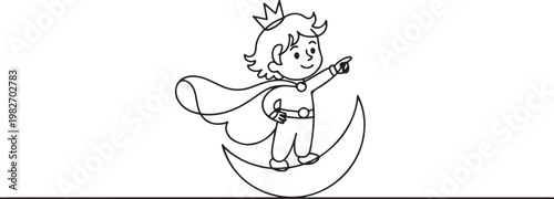 cute cartoon little prince fairy tale boy character standing on a moon. one line icon drawing vector