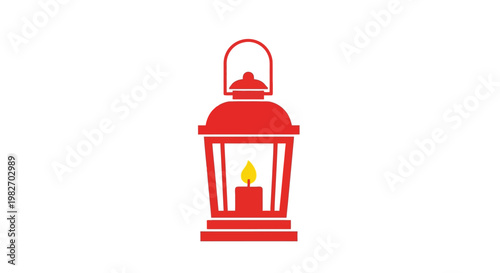 A simple red illustration of a vintage kerosene lantern with a glowing flame