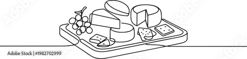 different types of cheese plate set on wooden cutting serving board. one line icon drawing vector