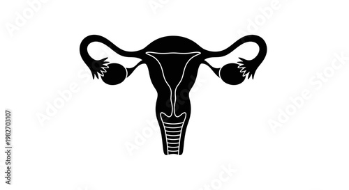 Stylized black silhouette of a female uterus and ovaries