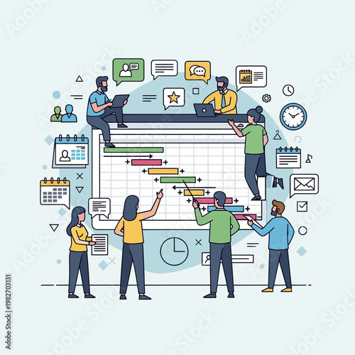 Teamwork project planning Gantt chart meeting, business strategy and collaboration illustration