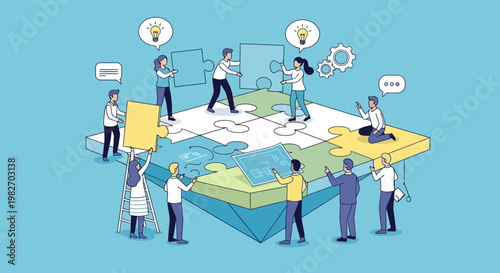 Teamwork puzzle assembly, business people collaborate on strategy, problem solving, idea generation