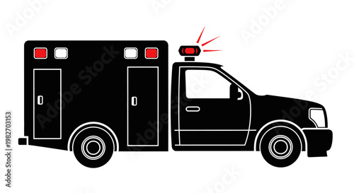 Black and white silhouette of an ambulance with activated emergency lights