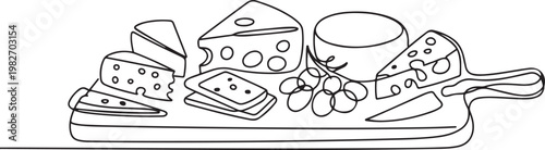 different types of cheese plate set on wooden cutting serving board. one line icon drawing vector