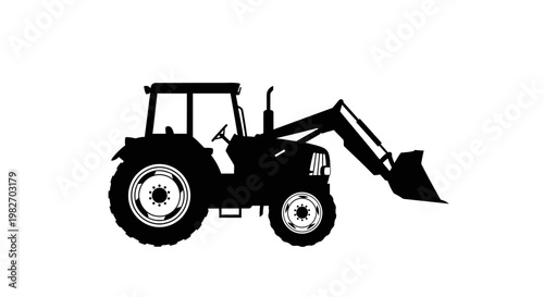 Silhouette of a modern tractor with a front end loader against a white background