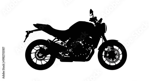 Silhouette of a modern motorcycle against a plain white background