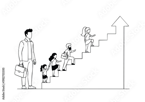 Business Growth Staircase: Man Leading Family Upward Steps