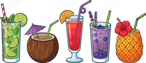 Tropical Drink Collection with Cocktails, Smoothies, Coconut, Pineapple, and Fruit Garnishes Flat Vector Illustration for Summer Beverage and Refreshment Design Projects