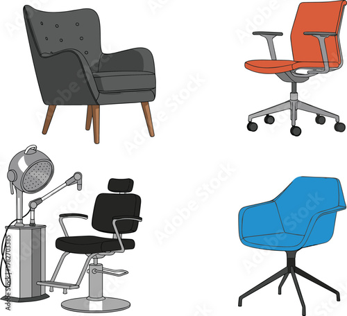 Modern chair collection vector illustration featuring lounge armchair, ergonomic office swivel chair, barber salon chair and contemporary plastic dining chair