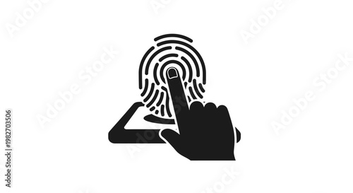 A black silhouette of a hand pressing a fingerprint scanner icon