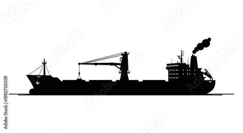 A black silhouette of a cargo ship sailing on calm water