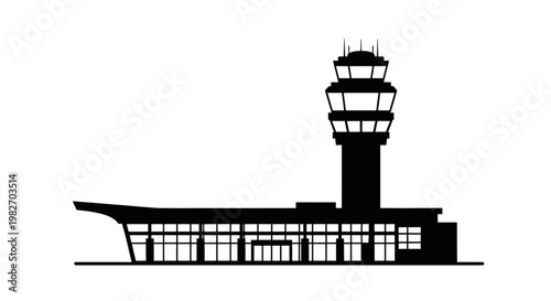 Black silhouette of an airport control tower and terminal building