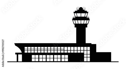 Black silhouette of an airport control tower and terminal building