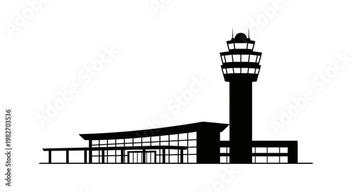 Black silhouette of an airport control tower and terminal building