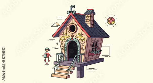 Whimsical wooden cottage built on high stilts featuring elaborate decorations, a small character, and a target sign on the side.