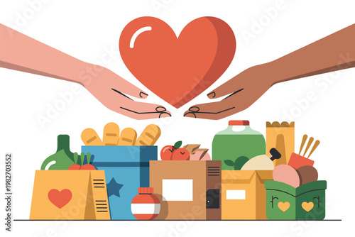 A heartwarming illustration of hands holding a heart above a collection of food donations