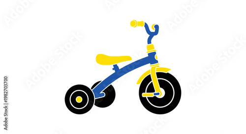 A colorful illustration of a blue and yellow tricycle with black wheels