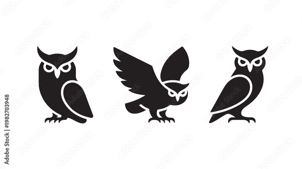 Fototapeta premium Three Black Silhouette Owls For Wildlife And Nature Concepts
