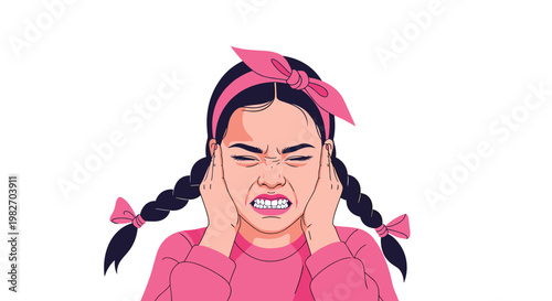 Distressed young girl with braids and a pink headband covers her ears tightly with a pained facial expression due to loud noise.
