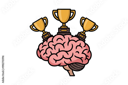 A cartoon illustration of a brain with three trophies on top, symbolizing intelligence and achievement.