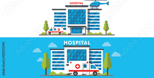 Modern Hospital Building with Ambulance and Medical Helicopter Healthcare Emergency Service Vector Illustration