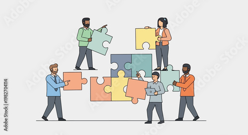 Teamwork puzzle concept: Diverse people assembling jigsaw pieces, collaboration, strategy, solution