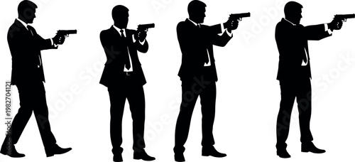 Black silhouette vector illustration of a secret agent businessman in a suit aiming a handgun weapon isolated on white background