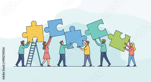 Teamwork puzzle pieces collaboration people connecting ideas strategy solution