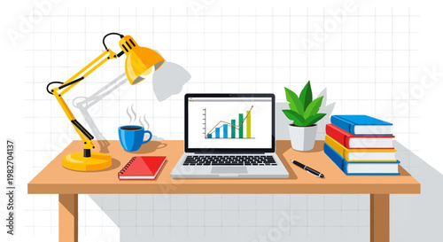 workspace desk with laptop plant books coffee and lamp