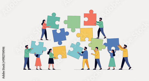 Teamwork puzzle pieces, people assembling strategy, collaboration, connection, success